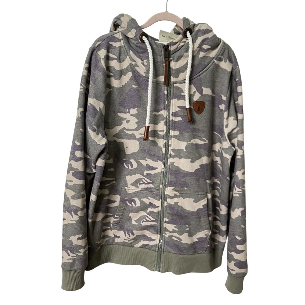 Wanakome Mens XL Camo Full Zip Hoodie Green Grey Camouflage Leather Accents